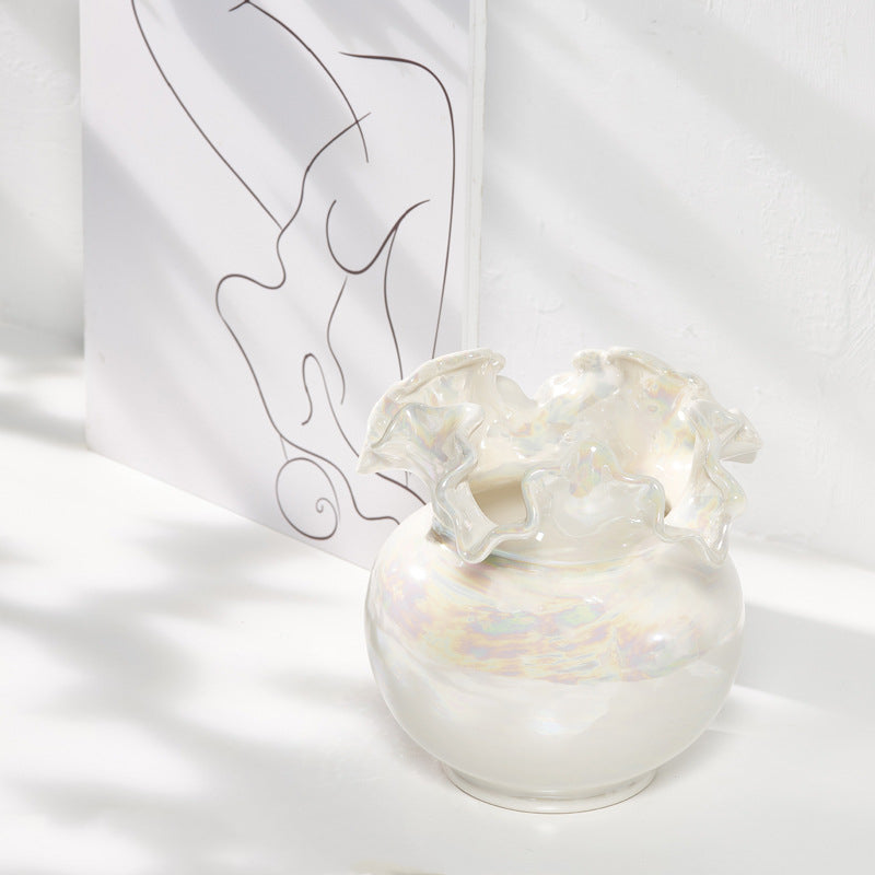 Vase déco blanc nacré – céramique effet irisé