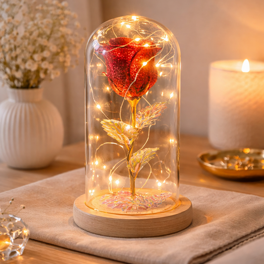 Rose éternelle sous cloche – lumière LED romantique